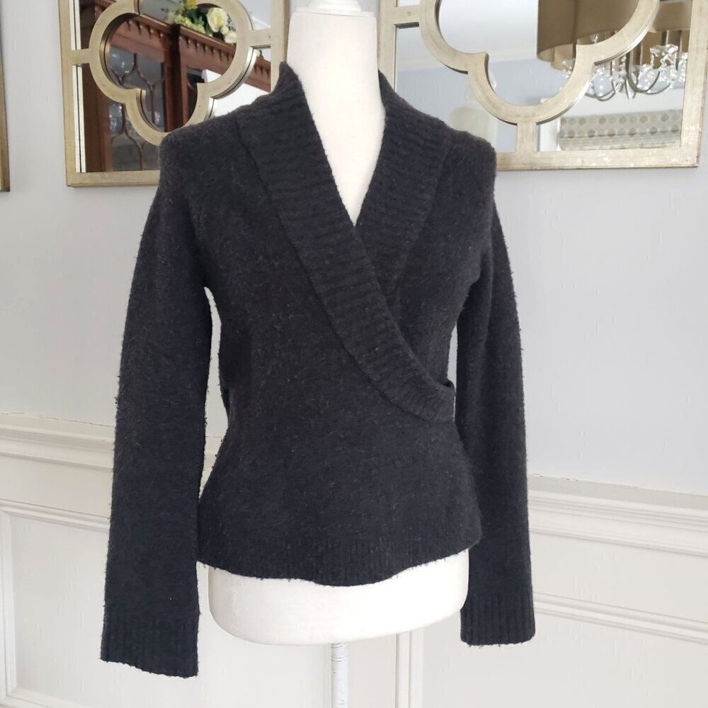 Anthropologie XS Faux Wrap Soft Alpaca Wool Surplice VNeck Collar Grey Sweater